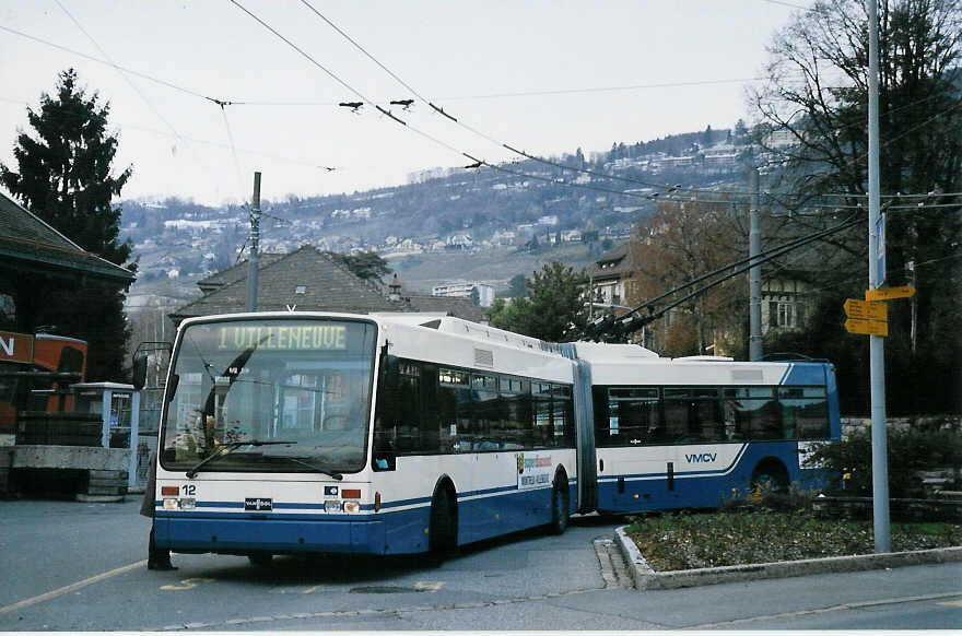 (064'711) - VMCV Clarens - Nr. 12 - Van Hool Gelenktrolleybus am 29. November 2003 in Vevey, Funi