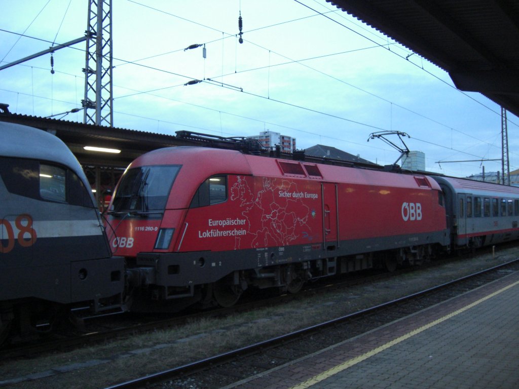 1116 260-9  Europ�ische Lokf�hrerschein  am 30. Januar 2007 im Salzburger Hauptbahnhof.