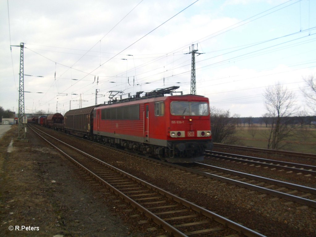 155 036-7 mit gemischten G�terzug in Saarmund. 11.03.11
