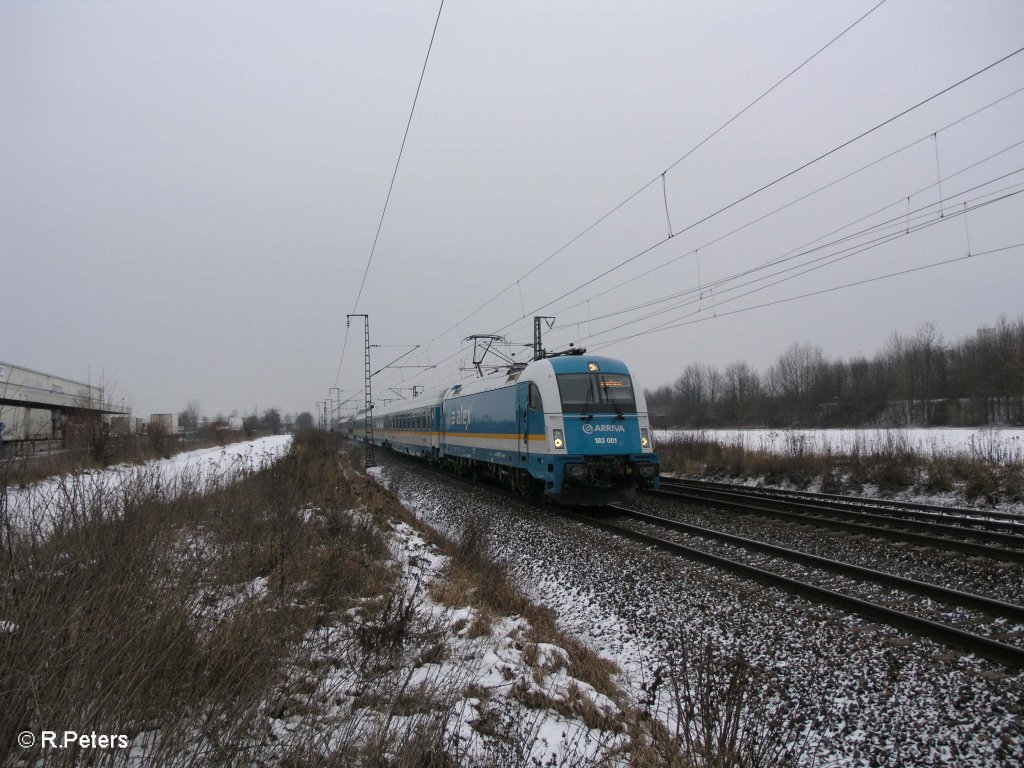183 001 zieht bei Obertraubling den ALX87011 nach M�nchen. 09.01.10
