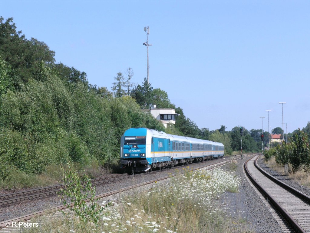 223 063 f�hrt mit den ALX37979 nach M�nchen in Wiesau/Oberpfalz ein. 05.08.09
