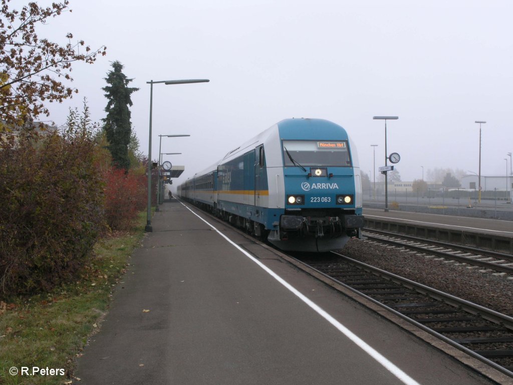223 063 steht in Wiesau/Oberpfalz mit den ALX37979 nach M�nchen. 1.11.09
