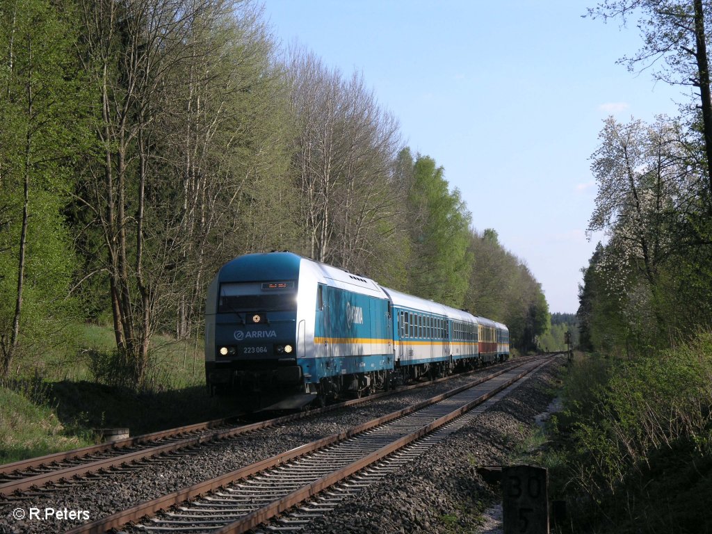 223 064 zieht kurz vor Wiesau den ALX37980 nach Hof . 21.04.09
