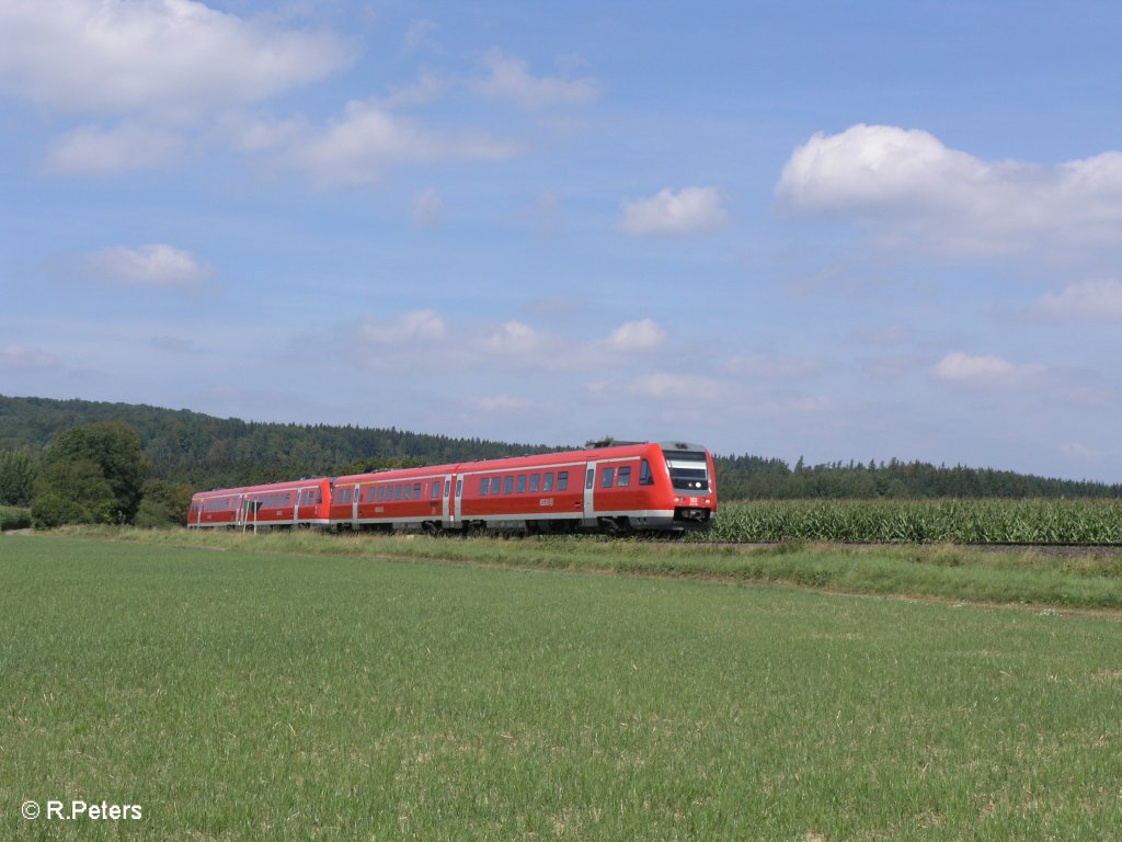 612 561-1 und ein Schwetser 612er als RE 3693 Gera – Regensburg bei Oberteich. 15.08.09


