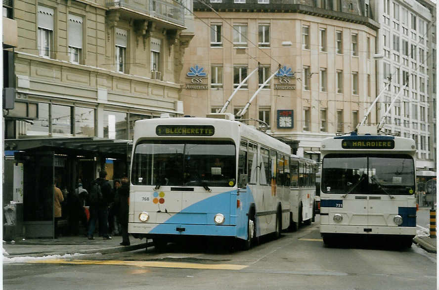 (083'724) - TL Lausanne - Nr. 768 - NAW/Lauber Trolleybus + Nr. 731 - FBW/Hess Trolleybus am 6. Mrz 2006 in Lausanne, Bel-Air