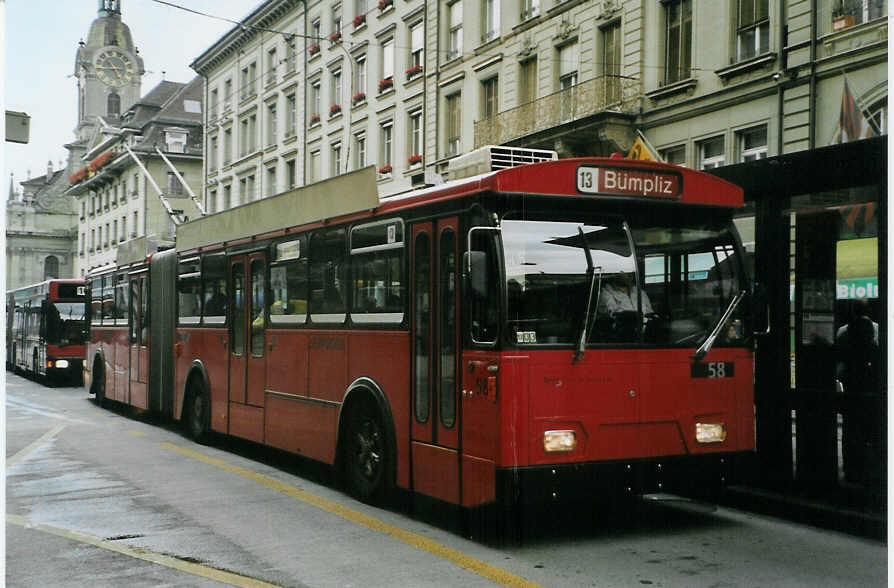 (088'934) - Bernmobil, Bern - Nr. 58 - FBW/Hess Gelenktrolleybus am 14. August 2006 beim Bahnhof Bern