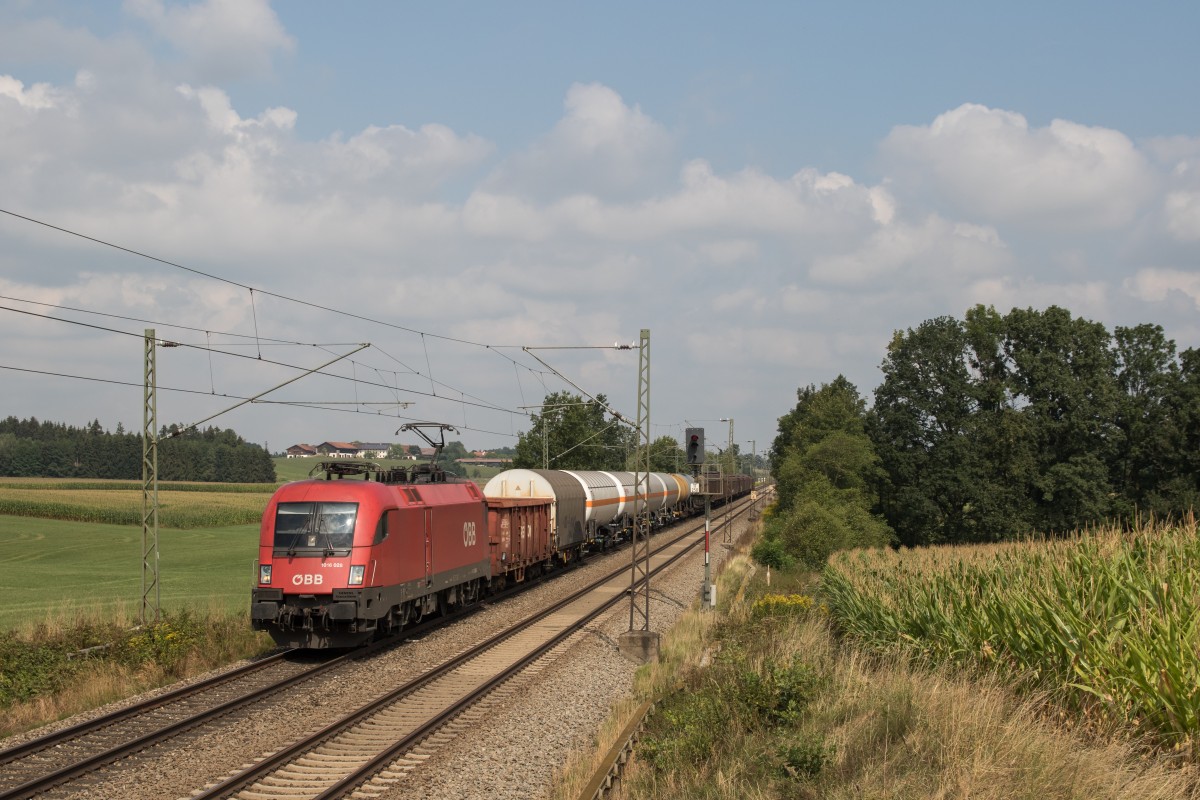 1016 028 mit einem gemischten G�terzug am 20. August 2015 bei Hilperting.