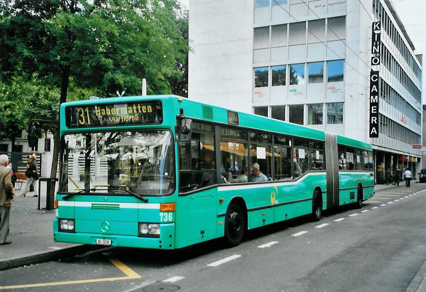(108'904) - BVB Basel - Nr. 736/BS 3236 - Mercedes (ex VAG D-Freiburg Nr. 936) am 7. Juli 2008 in Basel, Claraplatz