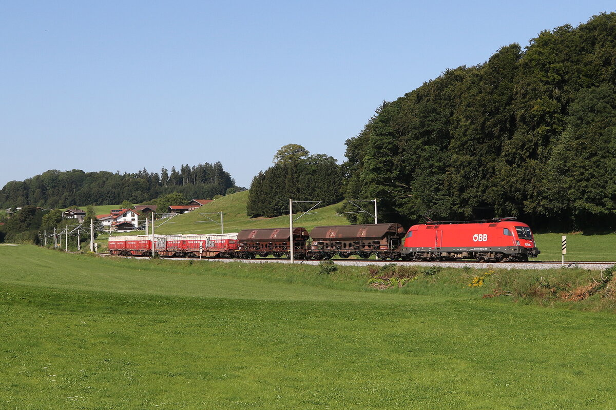 1116 022 war mit einem gemischten Gterzug am 22. August 2023 bei Axdof auf dem Weg nach Freilassing.