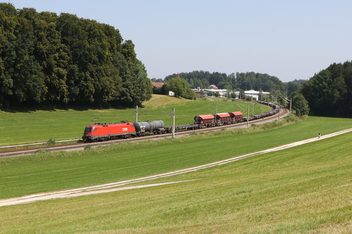 1116 267 mit einem gemischten G�terzug aus Salzburg kommend am 13. August 2025 bei Axdorf im Chiemgau.