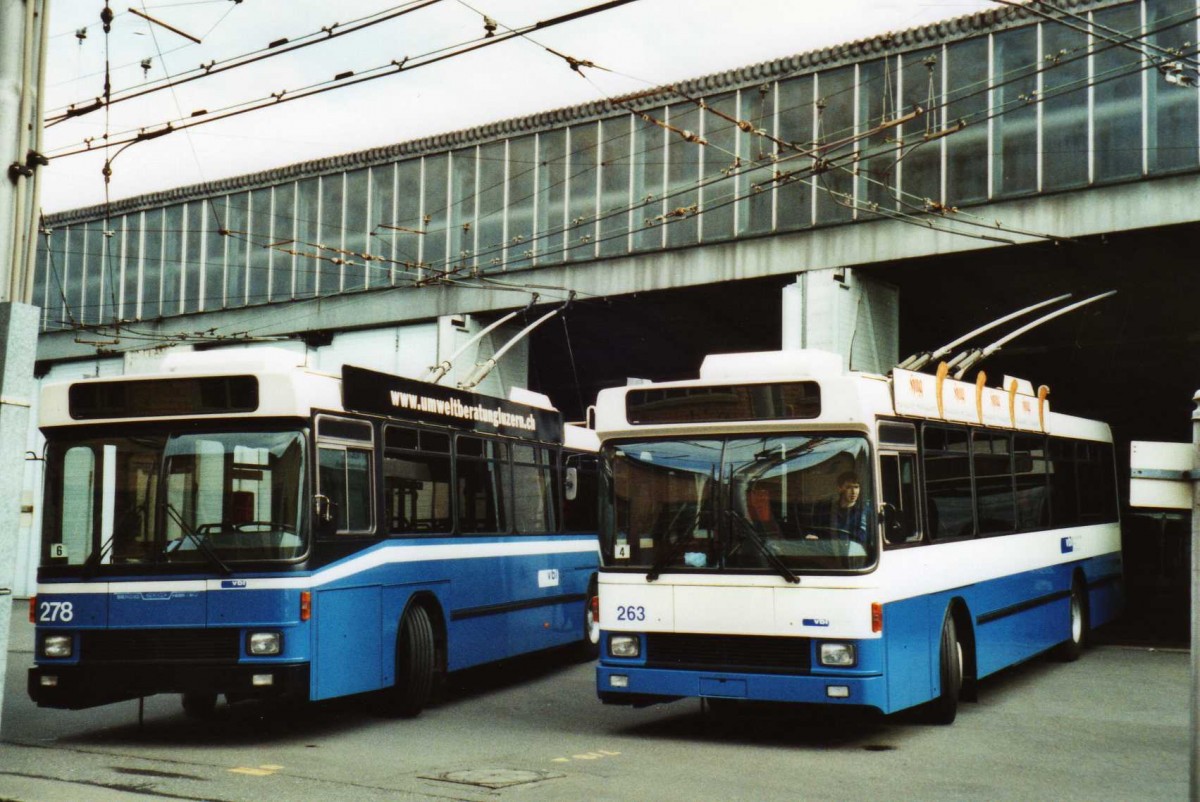(114'735) - VBL Luzern - Nr. 278 + Nr. 263 - NAW/R&J-Hess Trolleybusse am 7. Mrz 2009 in Luzern, Depot