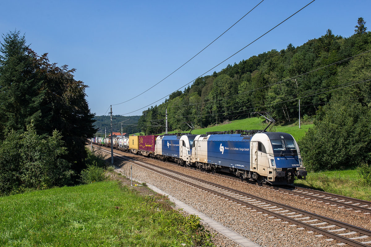 1216 953 und 1216 951 waren am 23. August 2017 bei Wernstein mit einem gemischten Gterzug unterwegs.