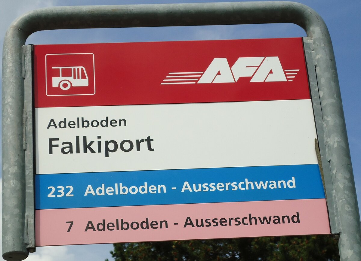 (127'960) - AFA-Haltestellenschild - Adelboden, Falkiport - am 11. Juli 2010