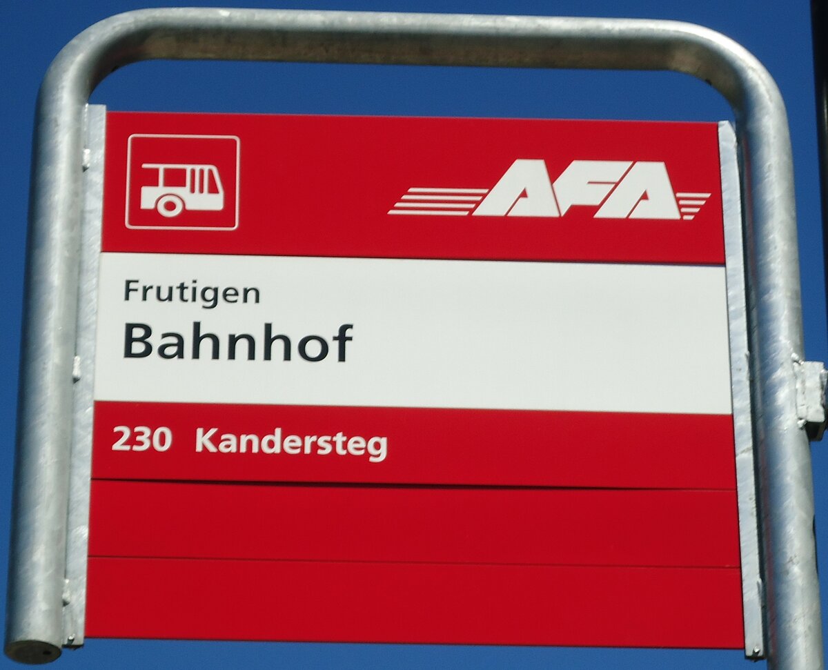 (128'168) - AFA-Haltestellenschild - Frutigen, Bahnhof - am 1. August 2010