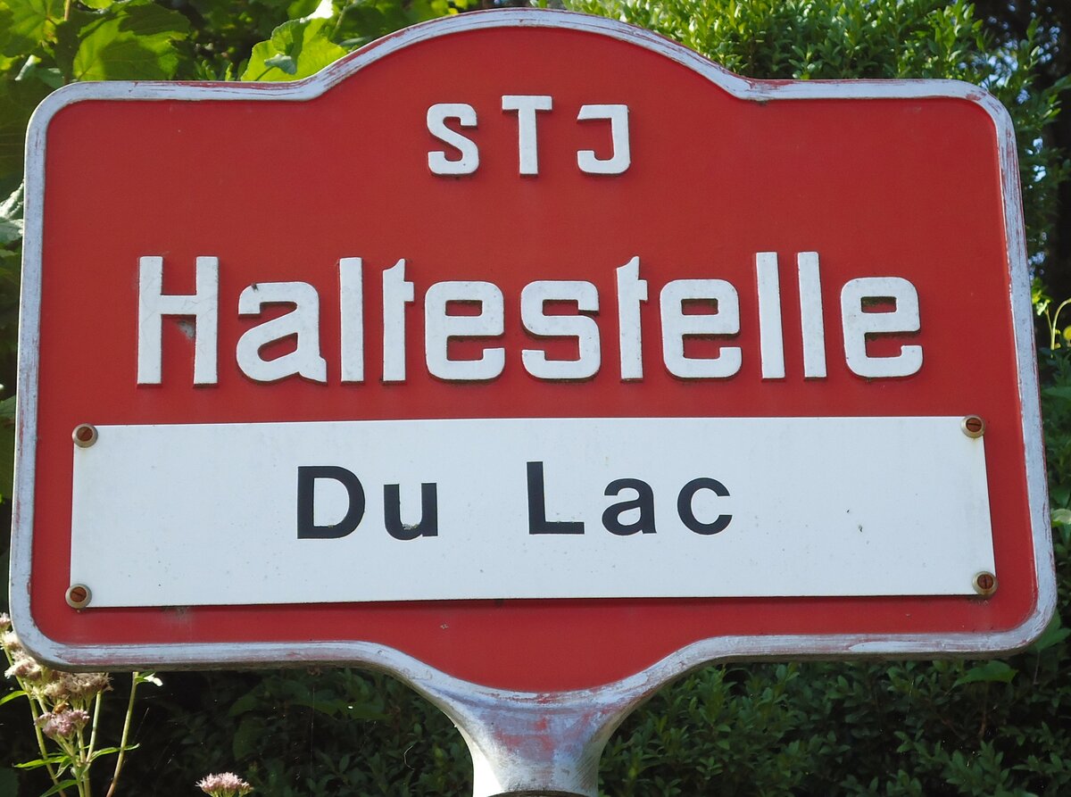 (128'224) - STI-Haltestellenschild - Gunten, Du Lac - am 1. August 2010
