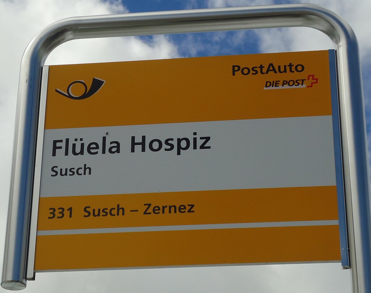 (128'288) - PostAuto-Haltestellenschild - Susch, Flela Hospiz - am 7. August 2010