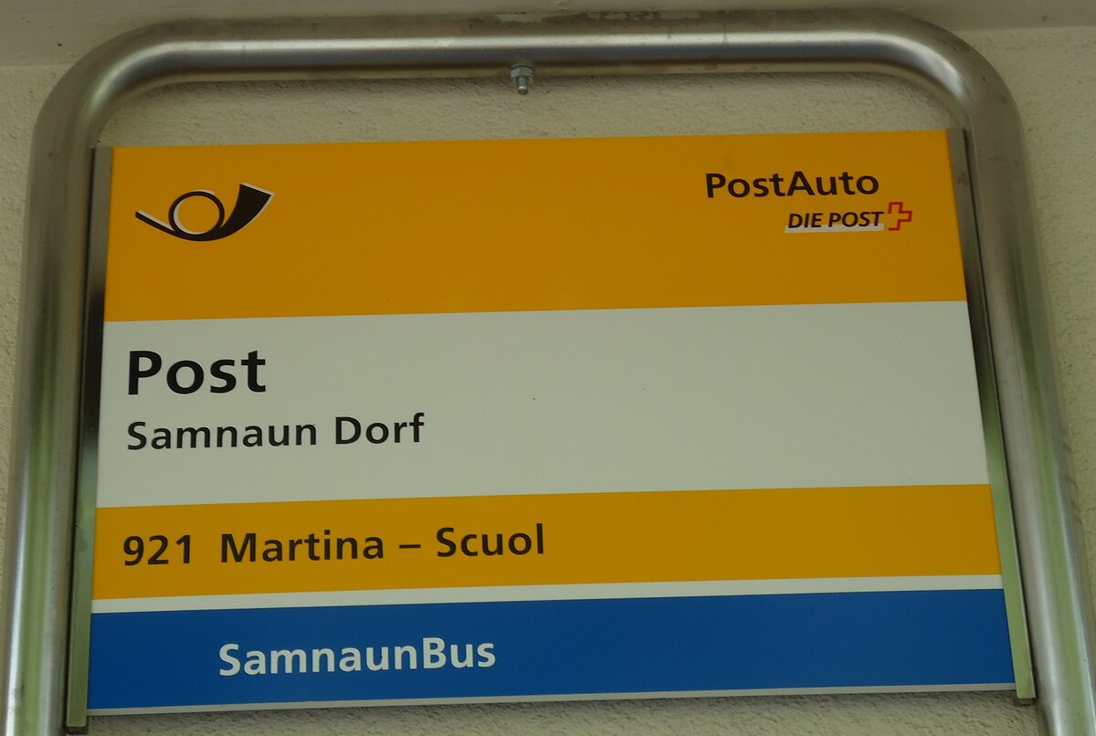 (128'296) - PostAuto/SamnaunBus-Haltestellenschild - Samnaun Dorf, Post - am 7. August 2021