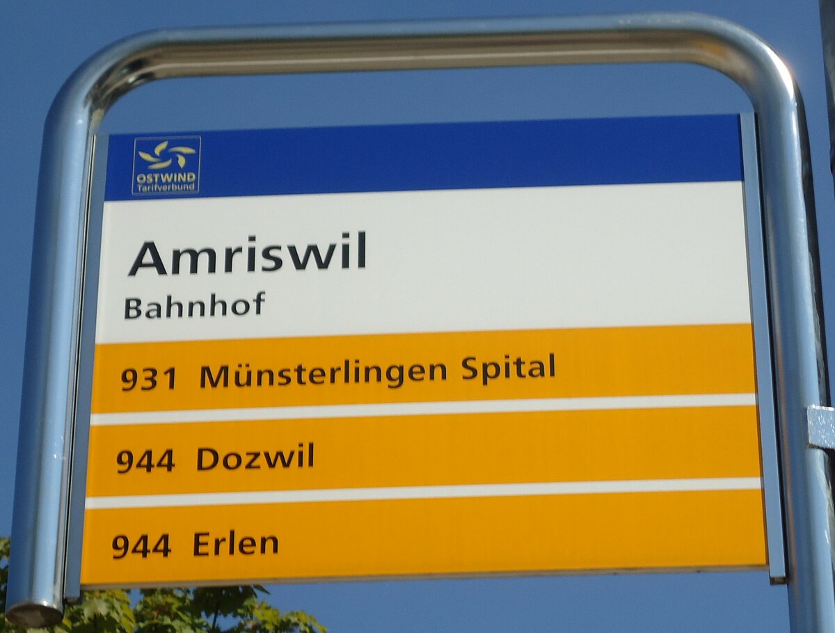 (129'099) - PostAuto-Haltestellenschild - Amriswil, Bahnhof - am 22. August 2010