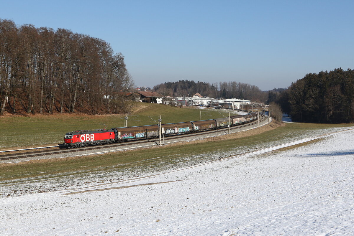 1293 099 mit  H-Wagen  aus Salzburg kommend am 19. Februar 2025 bei Axdorf im Chiemgau.