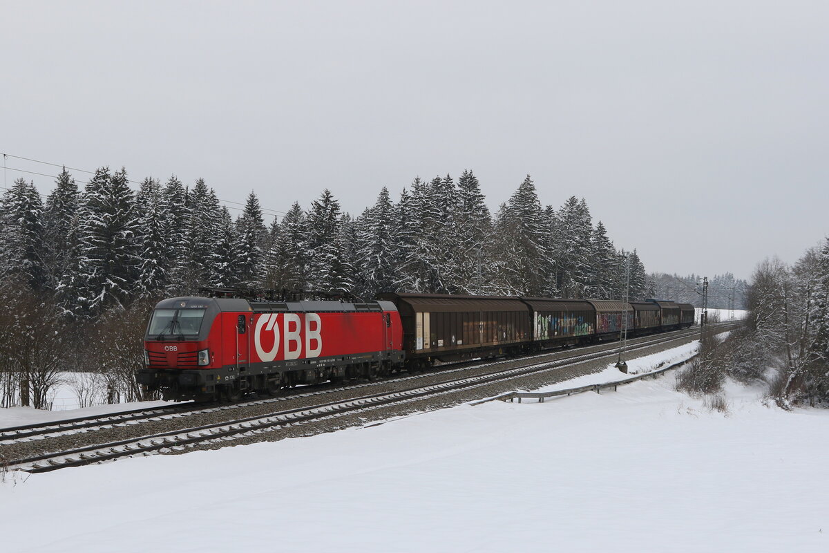 1293 192 mit einem gemischten G�terzug aus Salzburg kommend am 25. Januar 2023 bei Sossau im Chiemgau.