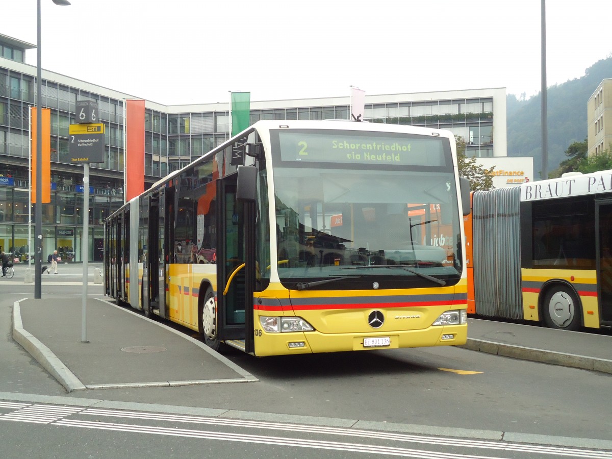 (129'587) - STI Thun - Nr. 136/BE 801'136 - Mercedes am 7. September 2010 beim Bahnhof Thun