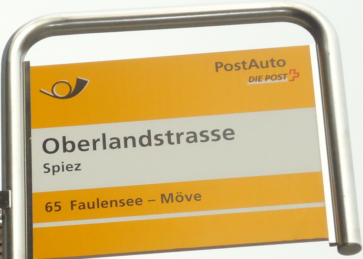 (130'306) - PostAuto-Haltestellenschild - Spiez, Oberlandstrasse - am 11. Oktober 2010