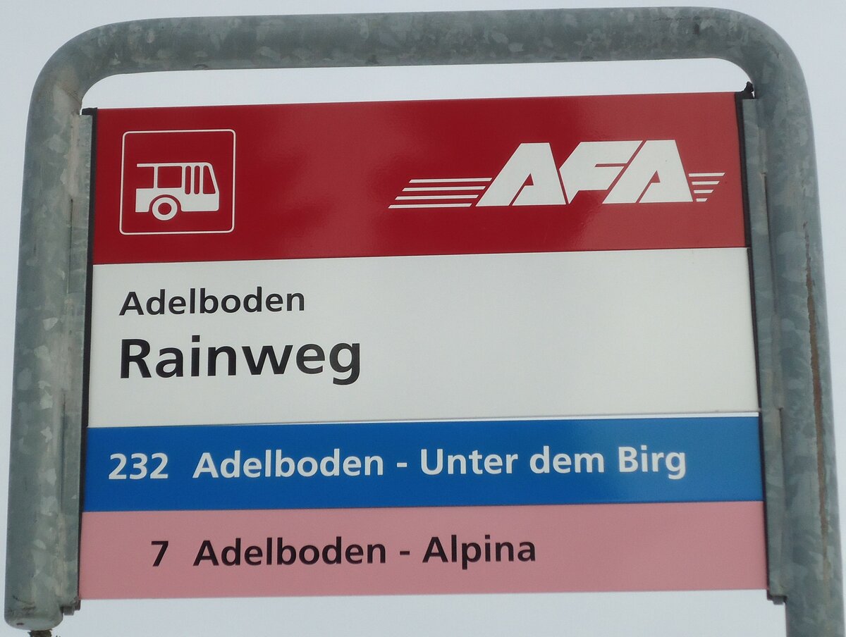 (131'131) - AFA-Haltestellenschild - Adelboden, Rainweg - am 28. November 2010