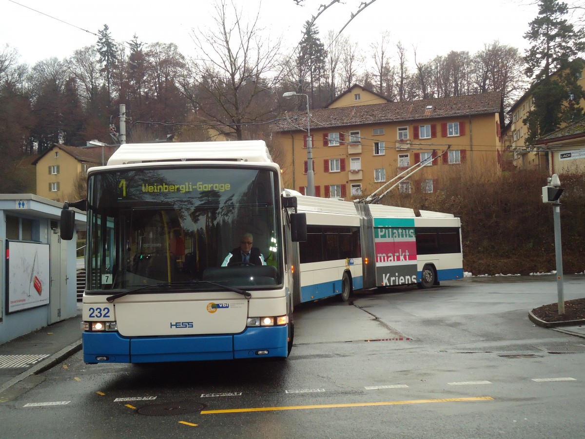 (131'476) - VBL Luzern - Nr. 232 - Hess/Hess Doppelgelenktrolleybus am 8. Dezember 2010 in Luzern, Maihof