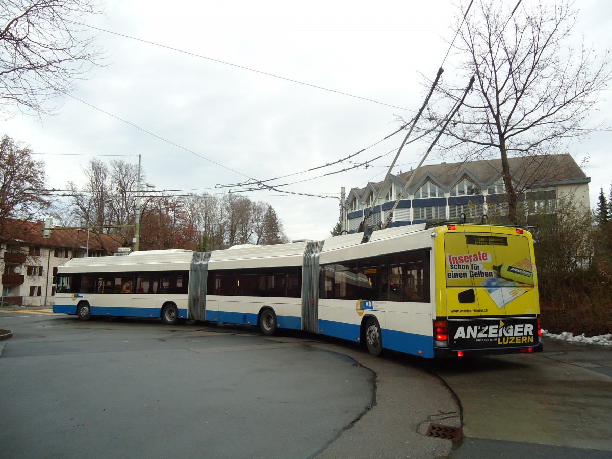 (131'484) - VBL Luzern - Nr. 231 - Hess/Hess Doppelgelenktrolleybus am 8. Dezember 2010 in Luzern, Maihof