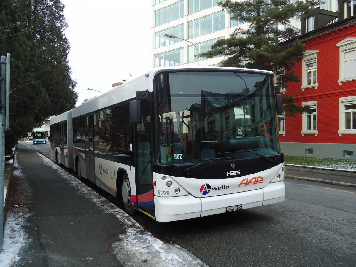 (131'614) - AAR bus+bahn, Aarau - Nr. 166/AG 435'166 - Scania/Hess am 15. Dezember 2010 beim Bahnhof Aarau