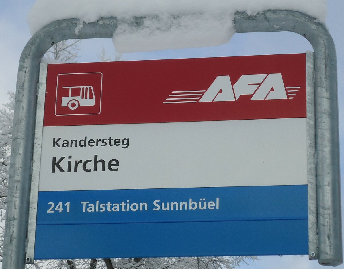 (131'685) - AFA-Haltestellenschild - Kandersteg, Kirche - am 26. Dezember 2010