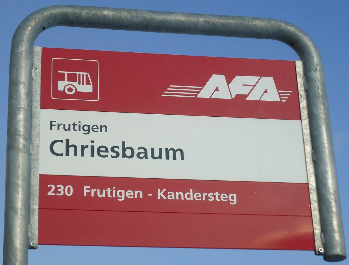 (131'696) - AFA-Haltestellenschild - Frutigen, Chriesbaum - am 26. Dezember 2010