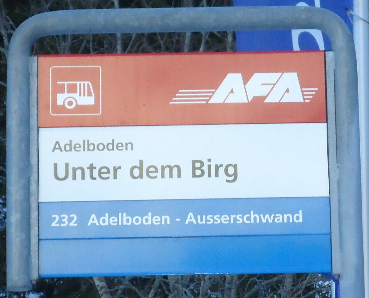(132'046) - AFA-Haltestellenschild - Adelboden, Unter dem Birg - am 8. Januar 2011