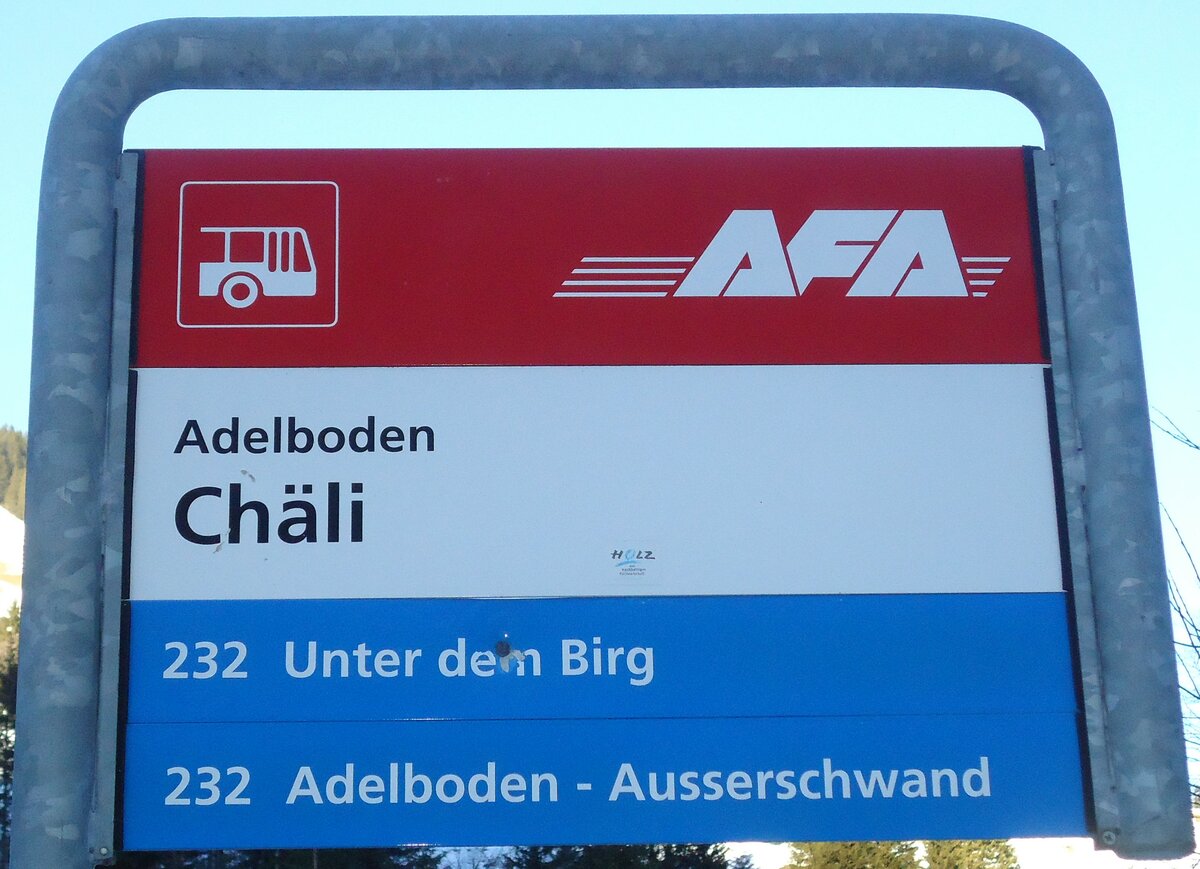 (132'106) - AFA-Haltestellenschild - Adelboden, Chli - am 8. Januar 2011