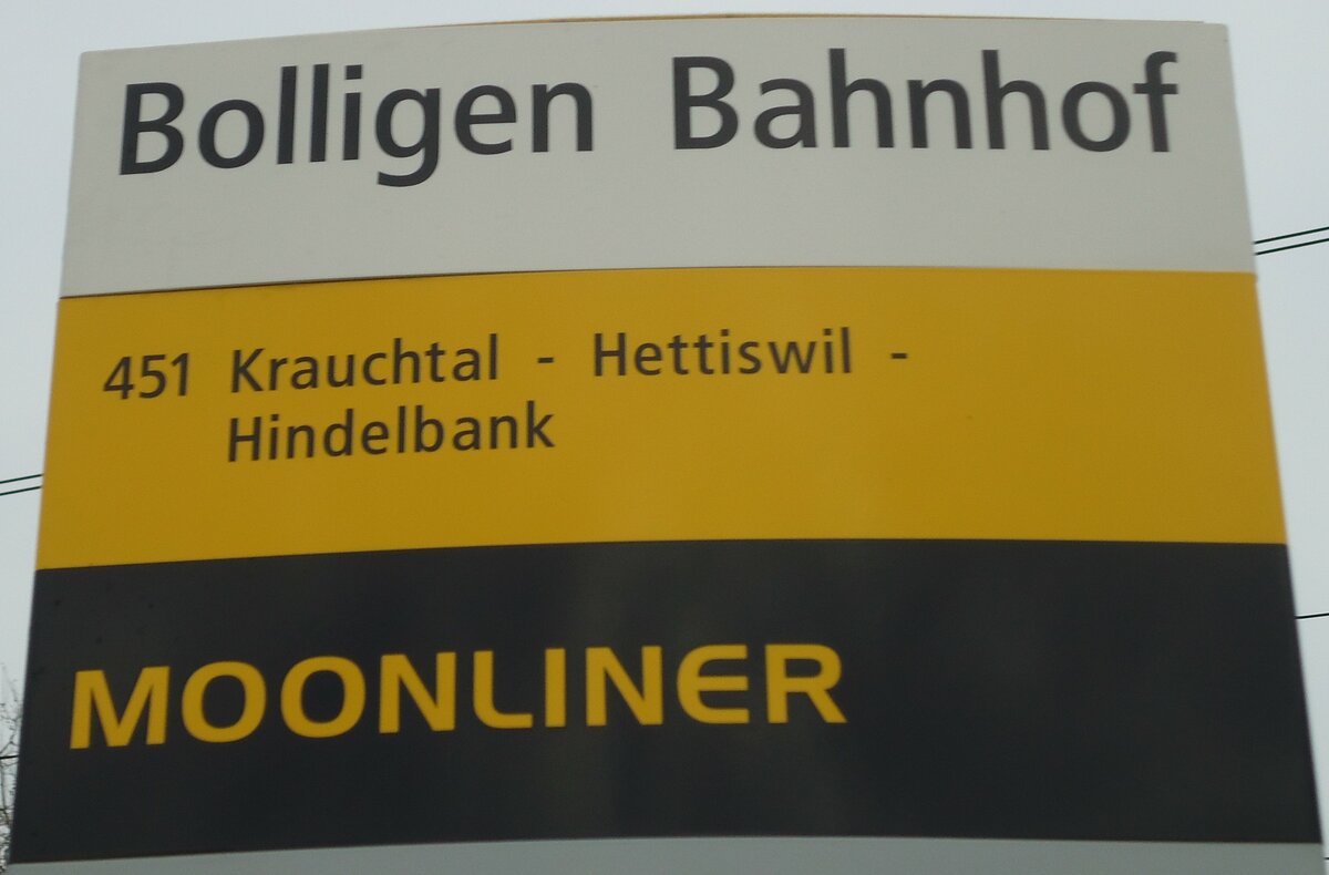 (132'417) - PostAuto-Haltestellenschild - Bolligen, Bahnhof - am 24. Januar 2011