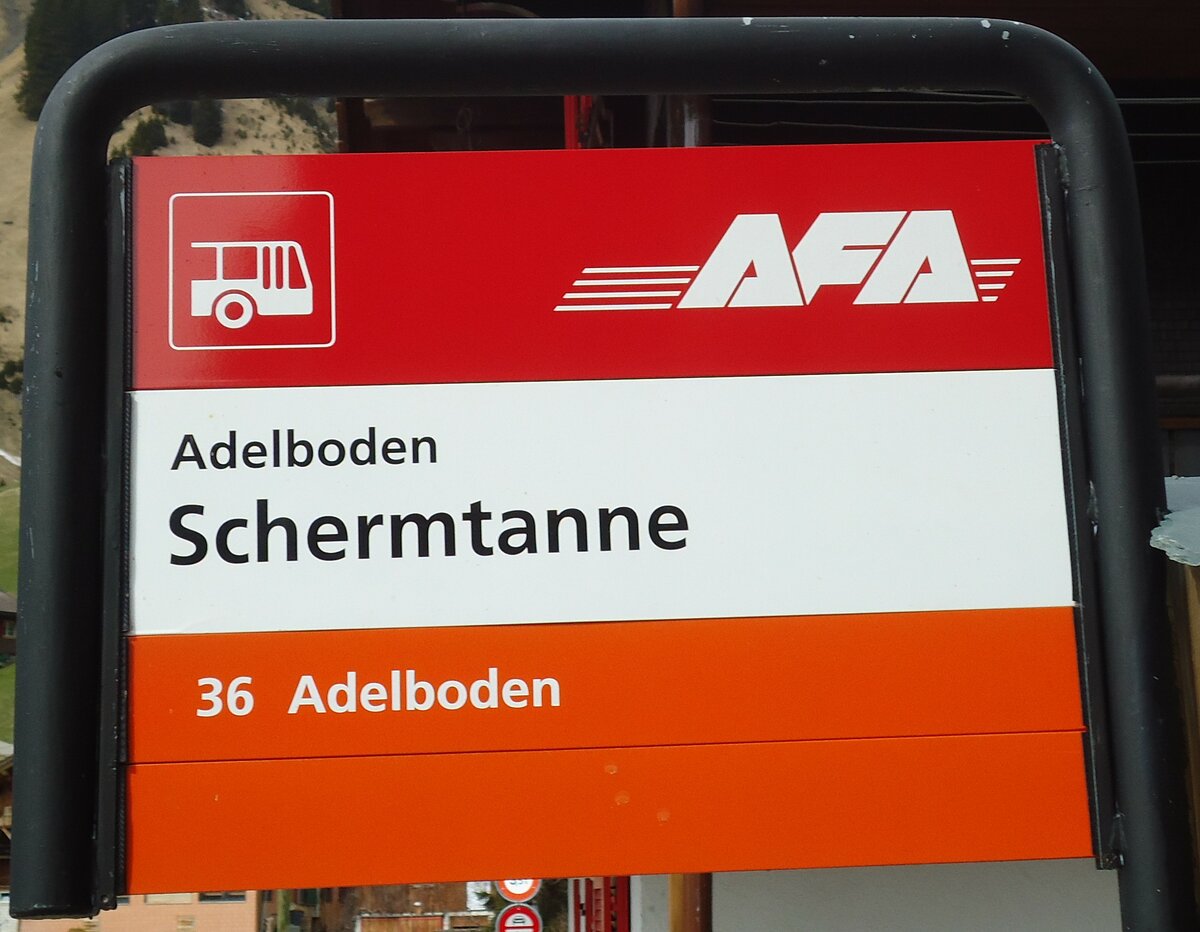 (133'168) - AFA-Haltestellenschild - Adelboden, Schermtanne am 27. Mrz 2011