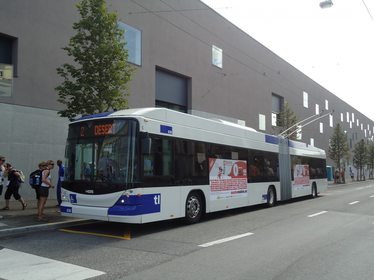 (135'047) - TL Lausanne - Nr. 838 - Hess/Hess Gelenktrolleybus am 12. Juli 2011 in Lausanne, Beaulieu