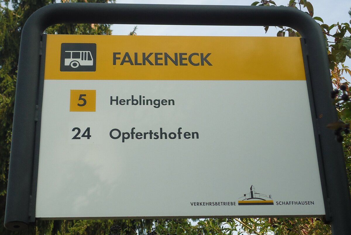 (136'102) - VERKEHRSBETRIEBE SCHAFFHAUSEN-Haltestellenschild - Schaffhausen, Falkeneck - am 25. September 2011