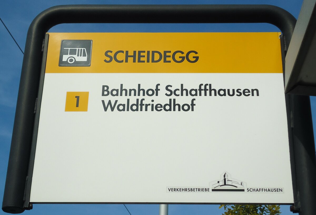 (136'155) - VERKEHRSBETRIEBE SCHAFFHAUSEN-Haltestellenschild - Neuhausen, Scheidegg - am 25. September 2011