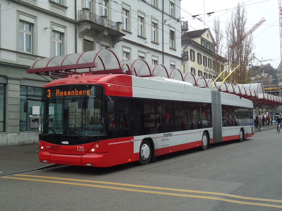 (136'939) - SW Winterthur - Nr. 120 - Hess/Hess Gelenktrolleybus am 24. November 2011 beim Hauptbahnhof Winterthur