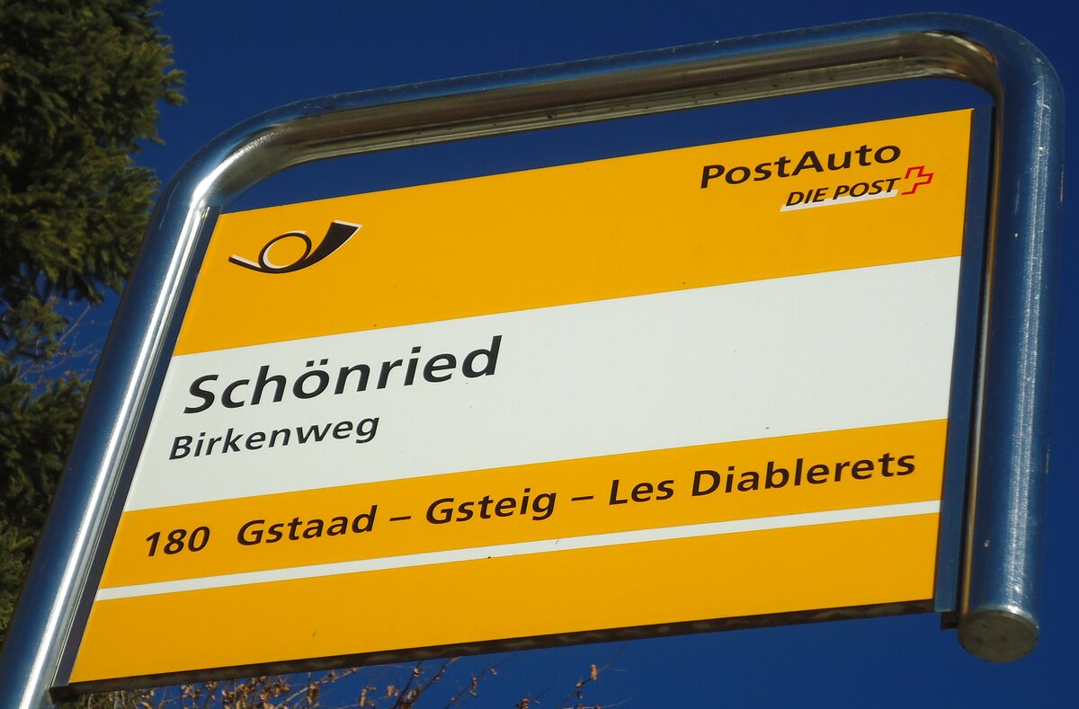 (137'012) - PostAuto-Haltestellenschild - Schnried, Birkenweg - am 25. November 2011