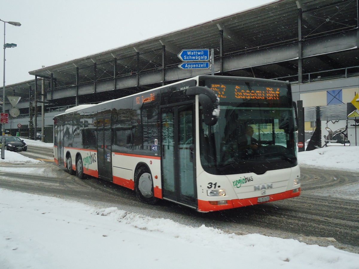 (137'683) - Regiobus, Gossau - Nr. 31/SG 353'631 - MAN am 15. Februar 2012 beim Bahnhof Herisau