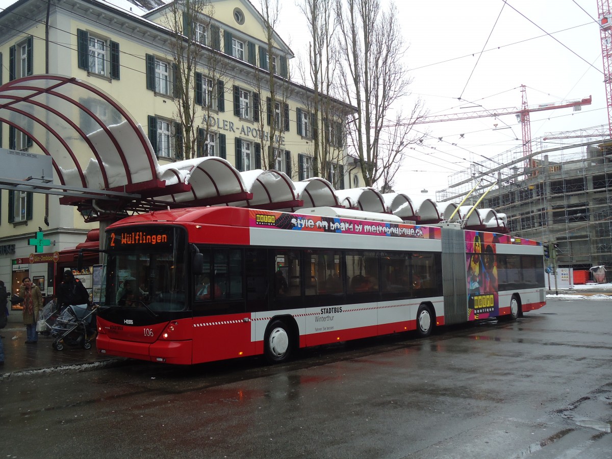 (137'703) - SW Winterthur - Nr. 106 - Hess/Hess Gelenktrolleybus am 15. Februar 2012 beim Hauptbahnhof Winterthur