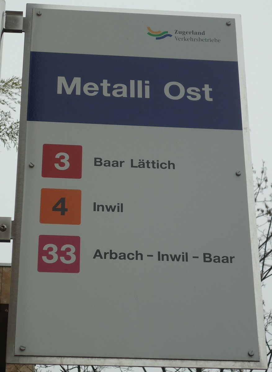 (137'996) - Zugerland Verkehrsbetriebe-Haltestellenschild - Zug, Metalli Ost - am 6. Mrz 2012