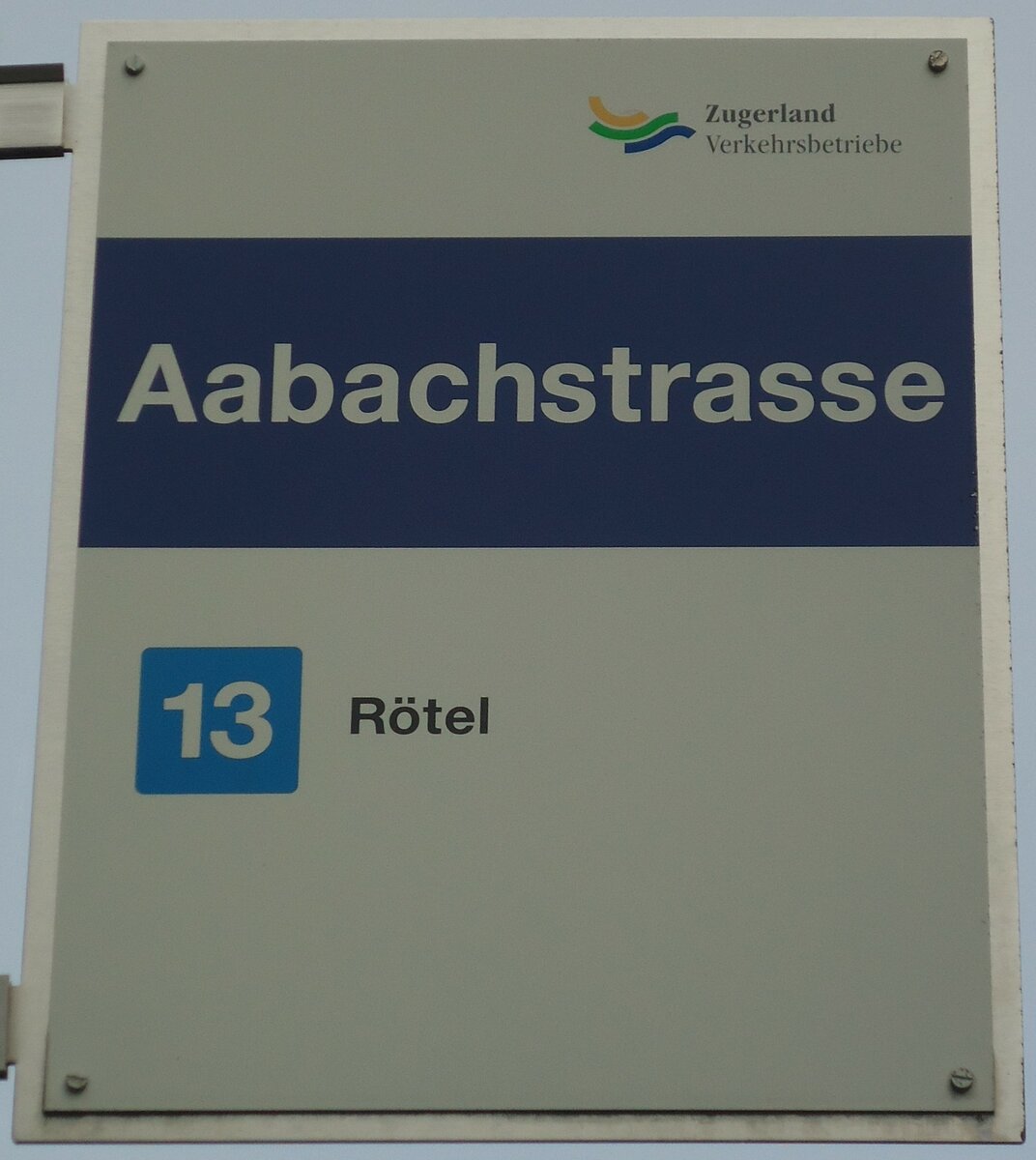 (138'042) - Zugerland Verkehrsbetriebe-Haltestellenschild - Zug, Aabachstrasse - am 6. Mrz 2012