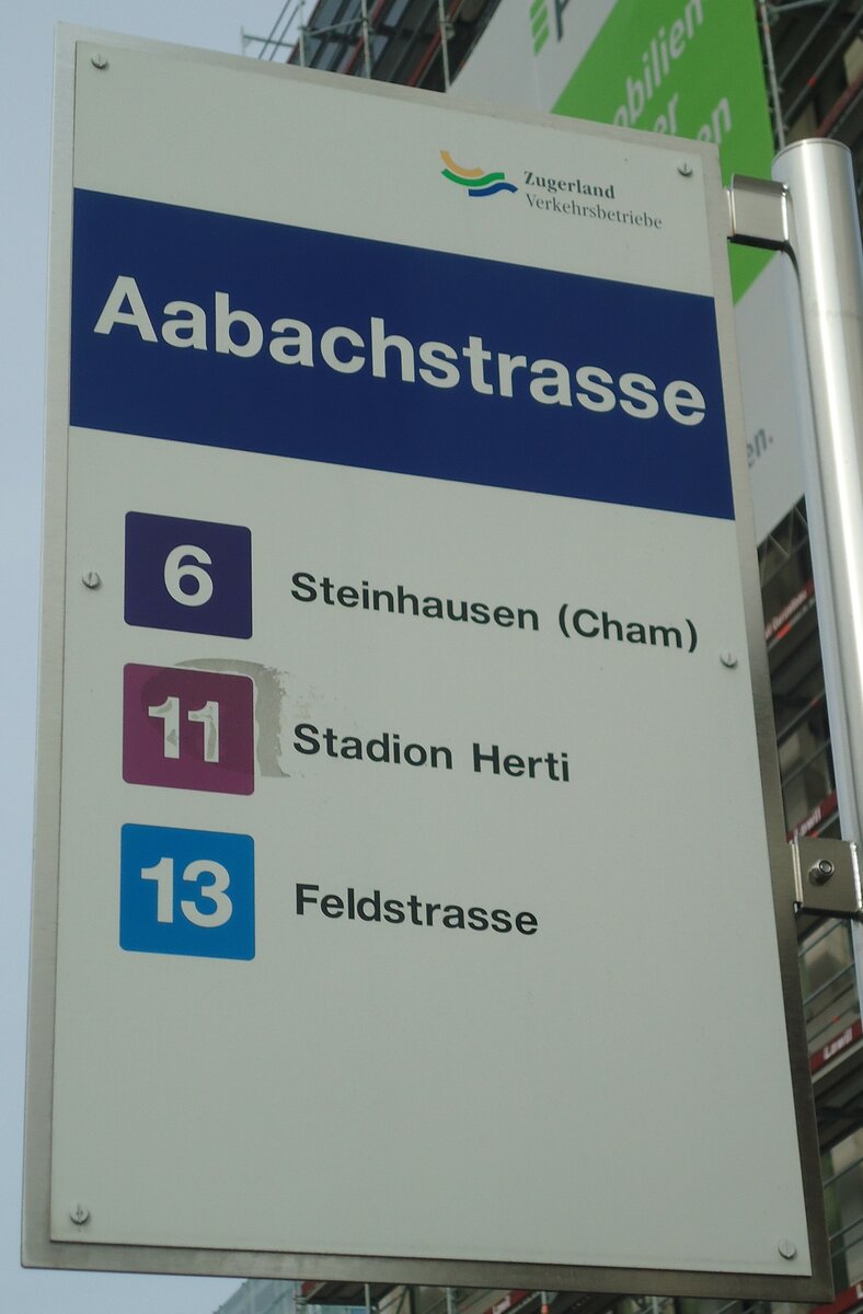 (138'043) - Zugerland Verkehrsbetriebe-Haltestellenschild - Zug, Aabachstrasse - am 6. Mrz 2012
