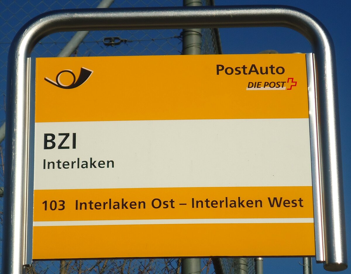(138'336) - PostAuto-Haltestellenschild - Interlaken, BZI - am 14. Mrz 2012