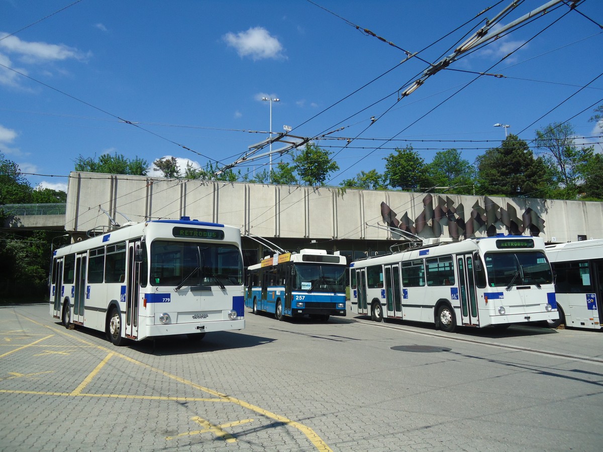 (138'761) - TL Lausanne - Nr. 779 - NAW/Lauber Trolleybus + VBL Luzern (Rtrobus) - Nr. 257 - NAW/R&J-Hess Trolleybus + TL Lausanne - Nr. 760 - NAW/Lauber Trolleybus am 13. Mai 2012 in Lausanne, Dpt Borde