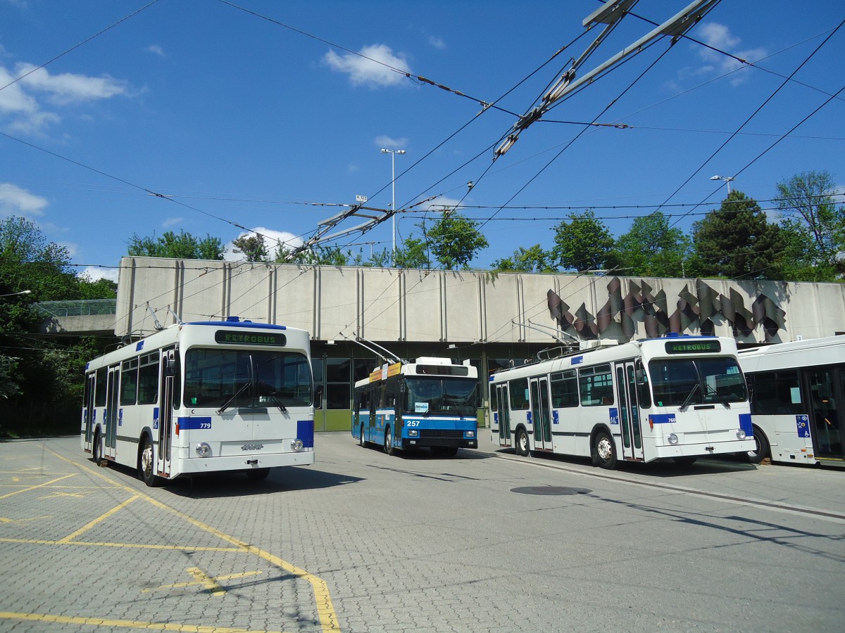 (138'762) - TL Lausanne - Nr. 779 - NAW/Lauber Trolleybus + VBL Luzern (Rtrobus) - Nr. 257 - NAW/R&J-Hess Trolleybus + TL Lausanne - Nr. 760 - NAW/Lauber Trolleybus am 13. Mai 2012 in Lausanne, Dpt Borde