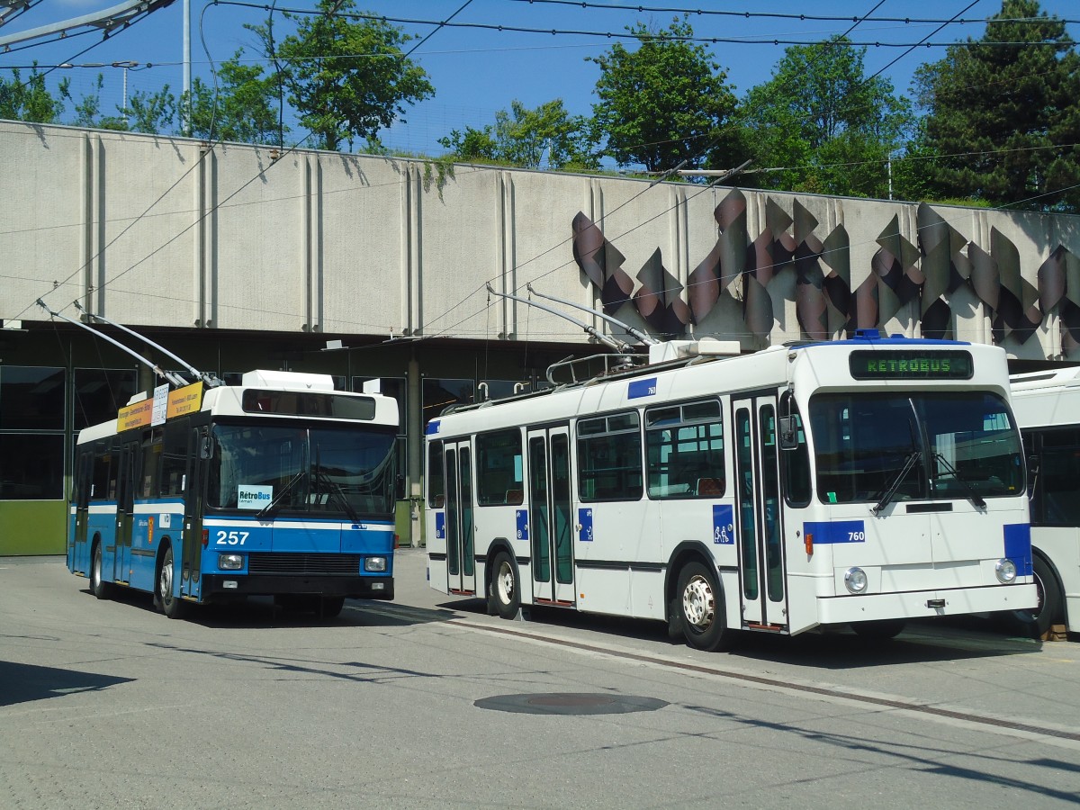 (138'786) - VBL Luzern (Rtrobus) - Nr. 257 - NAW/R&J-Hess Trolleybus + TL Lausanne - Nr. 760 - NAW/Lauber Trolleybus am 13. Mai 2012 in Lausanne, Dpt Borde